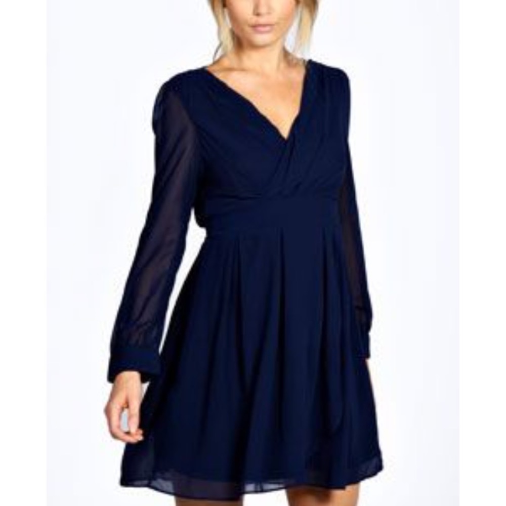 Boohoo navy chiffon long sleeve mini dress